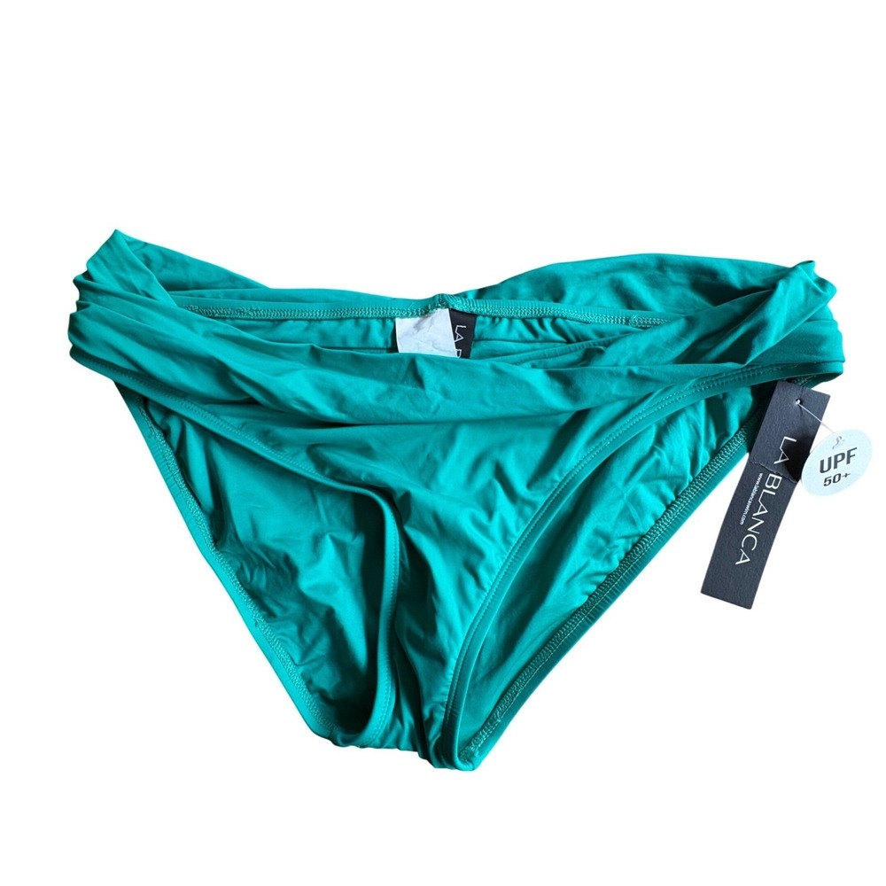 NWT La Blanca Sz 14 Island Goddess Teal Green Ruched Waist Bikini Bottom UPF 50+